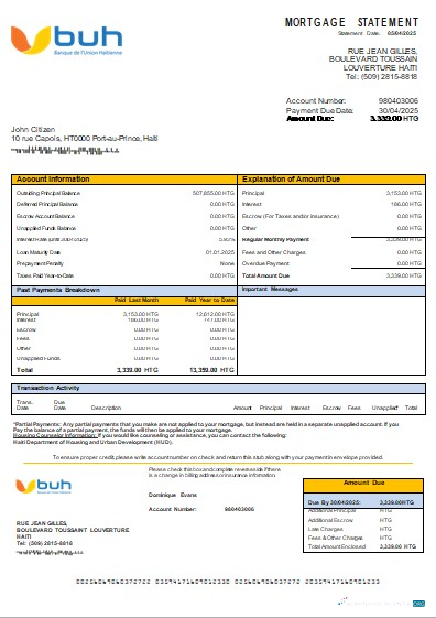 Download Haiti BUH bank mortgage statement scr Photoshop template